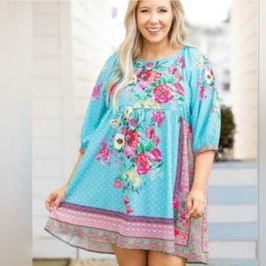Umgee Blue & Pink Floral 3/4 Sleeve Baby Doll Dress Sz. S #1193